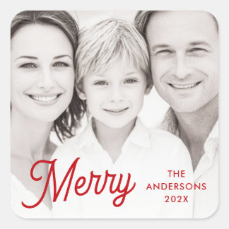 Sticker Carré Merry red festive retro font name year photo