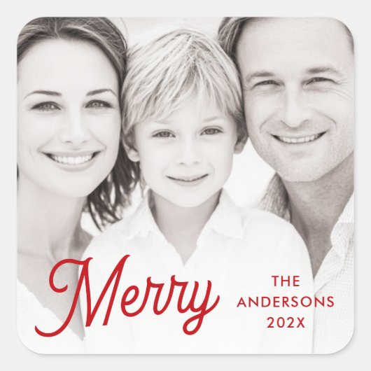 Sticker Carré Merry red festive retro font name year photo (Devant)