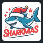 Sticker Carré Merry Sharkmas, Christmas Shark, Funny Shark Xmas<br><div class="desc">Plongez dans l'esprit des vacances avec notre T-shirt Noël "Merry Sharkmas", un joli dessin de requin. Ce design adorable présente un joli requin portant un chapeau de Père Noël, ajoutant une touche de fantaisie à votre tenue de Noël. Parfait pour les amateurs de requins et tous ceux qui souhaitent célébrer...</div>