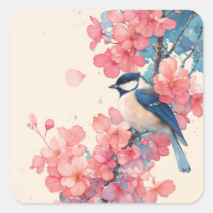 Sticker Carré Mésange à tête noire et Harmonie des fleurs de cer