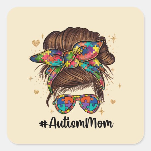 Sticker Carré Messy Bun Fier Autisme Maman (Devant)