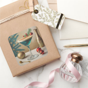 Sticker Carré Mi-Siècle Cocktail de Noël Fête Happy Hour