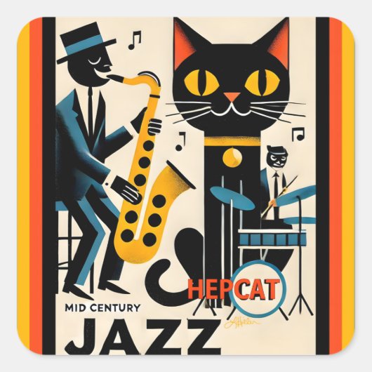 Sticker Carré Mi siècle Jazz Age HepCat Chat Noir (Devant)