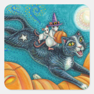 STICKER CARRÉ MICE BLANCHE & CHAT NOIR SUR CHASSE HALLOWEEN SCAV