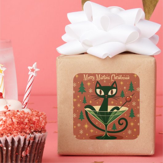 Sticker Carré Mid Century Black Cat Merry Martini Christmas (Fête)