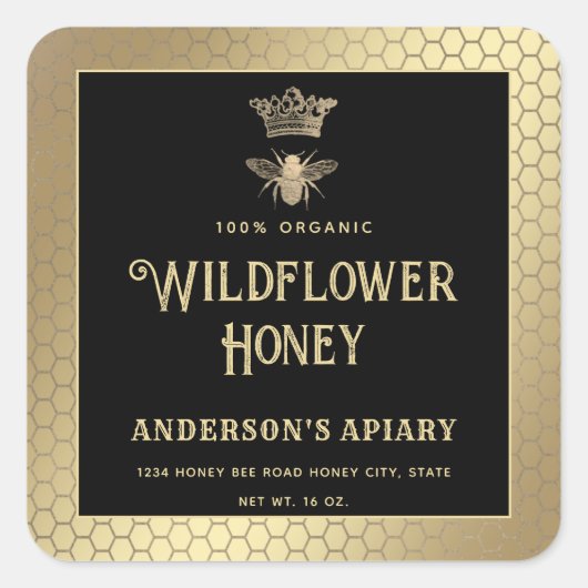 Sticker Carré Miel pot or noir moderne reine abeille (Devant)
