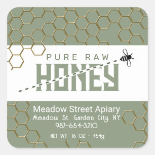 Sticker Carré Miel pur miel cru mignon Bee Crossant Or Honeycomb