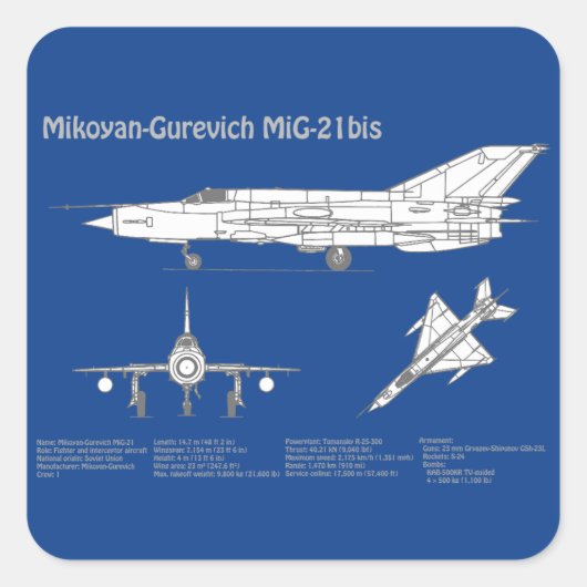 Sticker Carré MiG-21 bis - Plan directeur de l'avion ABD (Devant)