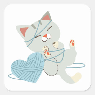 Sticker Carré Mignon Bonjour Amour Chat Gris Chaton Chat de Dess