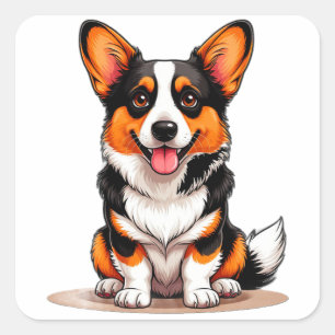 Sticker Carré Mignon Cardigan Welsh Corgi Personnage de Dessin A