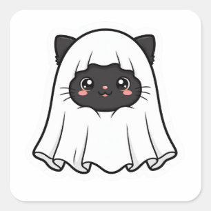 Sticker Carré Mignon Chat Noir Fantôme Halloween Kawaii