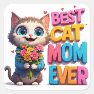 Sticker Carré Mignon Chaton Tenant des Fleurs Cadeau pour Maman