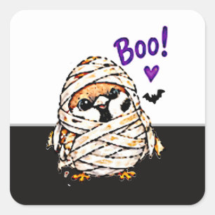 Sticker Carré Mignon Chibi Moineau Oiseau Halloween Momie Amusan