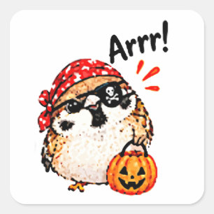 Sticker Carré Mignon Chibi Moineau Oiseau Halloween Pirate Amuse