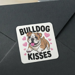 Sticker Carré Mignon chiot bouledogue embrasse cœur rose amour p