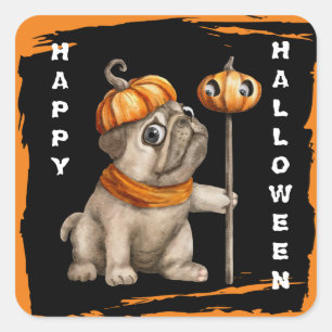 Sticker Carré Mignon chiot Pug Halloween pour enfants