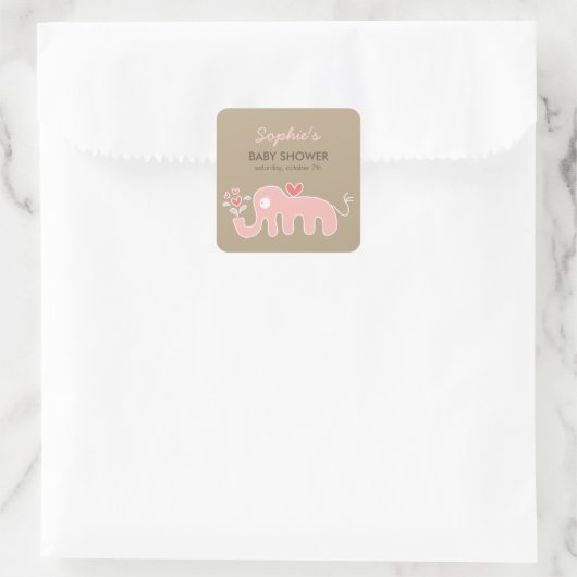 Sticker Carré Mignon Éléphant Rose Fantaisiste Fête de Naissance (Sac)