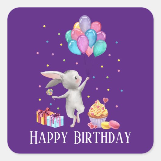 Sticker Carré mignon enfants unisex lapin d'anniversaire (Devant)
