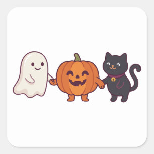 Sticker Carré Mignon Fantôme Chat Noir & Citrouille Halloween