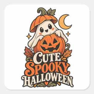 Sticker Carré Mignon Fantôme d'Halloween Citrouille Typographie