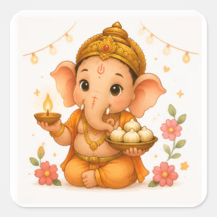 Sticker Carré Mignon Ganesha Diya Modak Ganesh Chaturthi