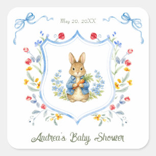Sticker Carré Mignon garçon lapin floral noeud bleu Baby Shower