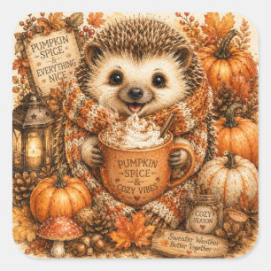 Sticker Carré Mignon hérisson au Spice Pumpkin aquarelle