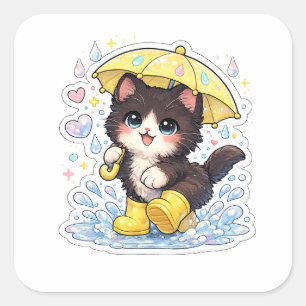 Sticker Carré Mignon Kawaii Chat Noir et Blanc avec Parapluie