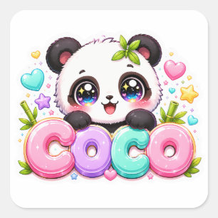 Sticker Carré Mignon Kawaii Coco Panda Nom Pastel Rose Étincelan