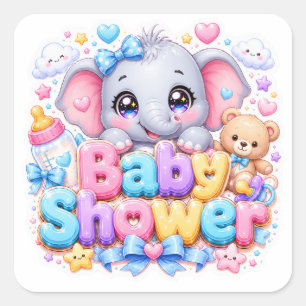 Sticker Carré Mignon Kawaii Éléphant Rose Pastel pour Baby Showe