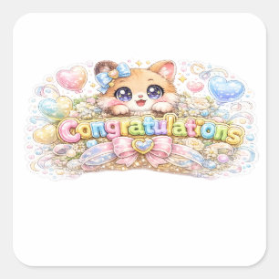 Sticker Carré Mignon Kawaii Félicitations Chat Floral Rose Paste