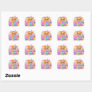 Sticker Carré Mignon Kawaii Joyeux Anniversaire Ours en Peluche 