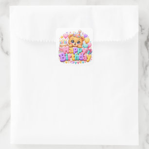 Sticker Carré Mignon Kawaii Joyeux Anniversaire Ours en Peluche