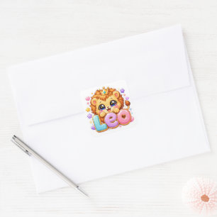 Sticker Carré Mignon Kawaii Leo Lion Nom Couronne Rose Pastel Ét