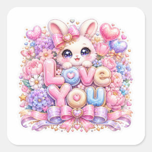 Sticker Carré Mignon Kawaii Love You Lapin Pastel Rose Floral