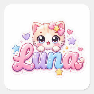 Sticker Carré Mignon Kawaii Luna Nom de Chat Pastel Rose Étincel