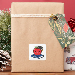Sticker Carré Mignon Kawaii Pomme Rouge Portant une Casquette de