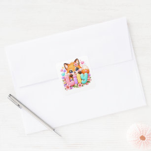 Sticker Carré Mignon Lily Fox Nom Pastel Rose Floral Bois