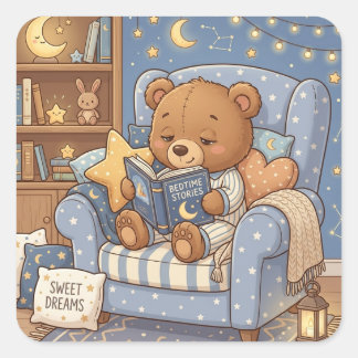 Sticker Carré Mignon Ours en Peluche Amateur de Livres