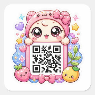 Sticker Carré Mignon personnage de code QR rose Kawaii Floral Pa