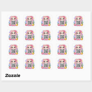 Sticker Carré Mignon personnage de code QR rose Kawaii floral pa