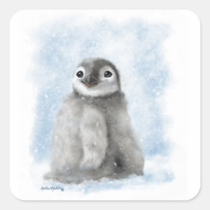 Sticker Carré Mignon poussin de pingouin dans la neige dessin a