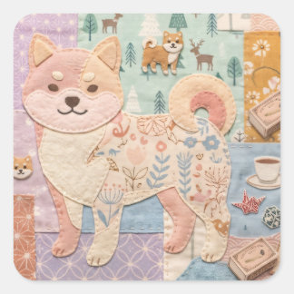 Sticker Carré Mignon Shiba Inu Japonais Motif Floral Patchwork