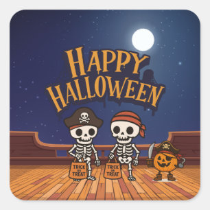 Sticker Carré mignon, squelettes et citrouille Halloween