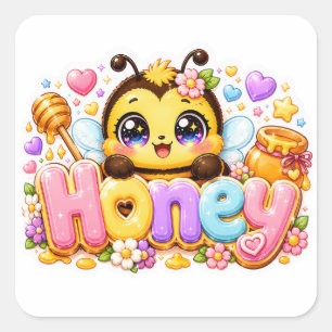 Sticker Carré Mignonne Abeille Miel Kawaii Nom Pastel Rose Étinc