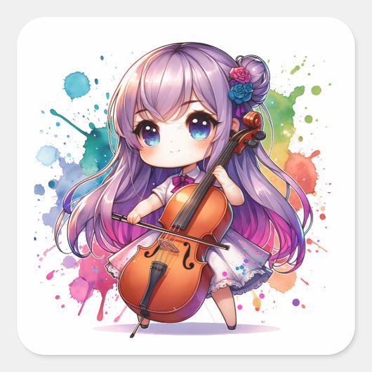 Sticker Carré Mignonne Anime Fille Jouant Cello (Devant)