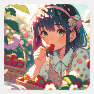 Sticker Carré Mignonne Anime Girl Mange des fraises Jour d'été