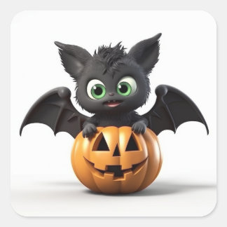 Sticker Carré Mignonne batte d'halloween sur citrouille