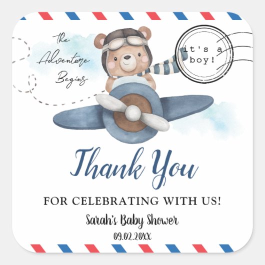 Sticker Carré Mignonne Bear Plane Aventure Commence Baby shower  (Devant)