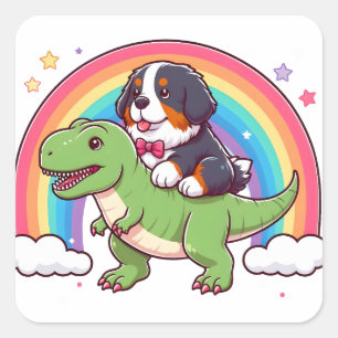 Sticker Carré Mignonne Bernese Mountain Dog équitation T-Rex Din